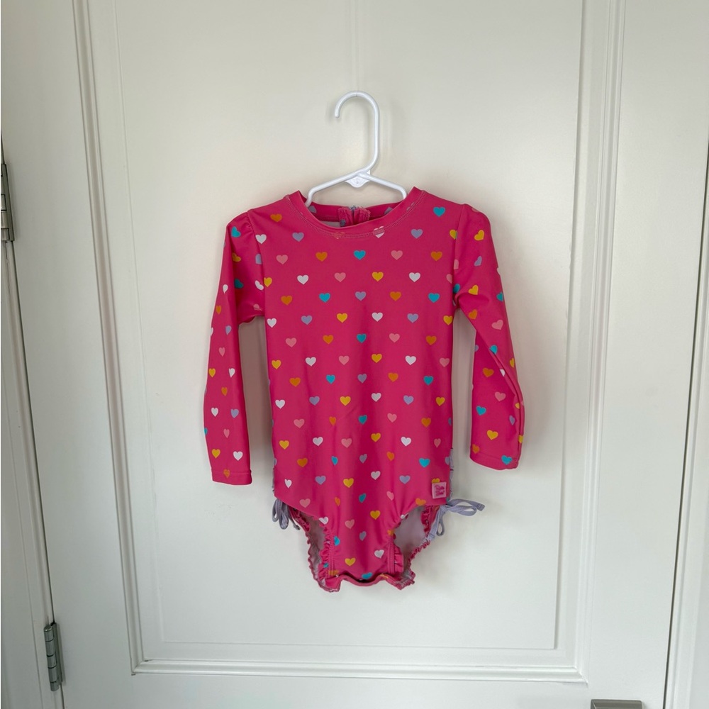 RuffleButts Pink Hearts One Piece Rashguard Swimsuit Long Sleeves Zipper size 3T